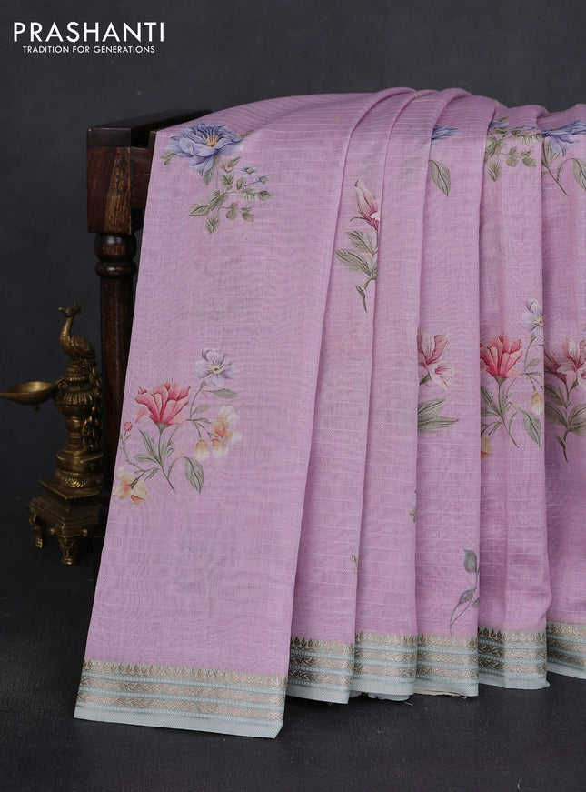 Mul chanderi saree lavender and pastel green with allover floral digital prints and zari woven border