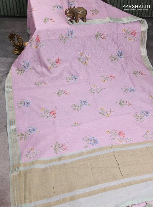 Mul chanderi saree lavender and pastel green with allover floral digital prints and zari woven border