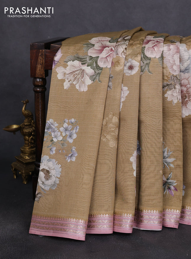 Mul chanderi saree elaichi green and pastel pink with allover floral digital prints and zari woven border