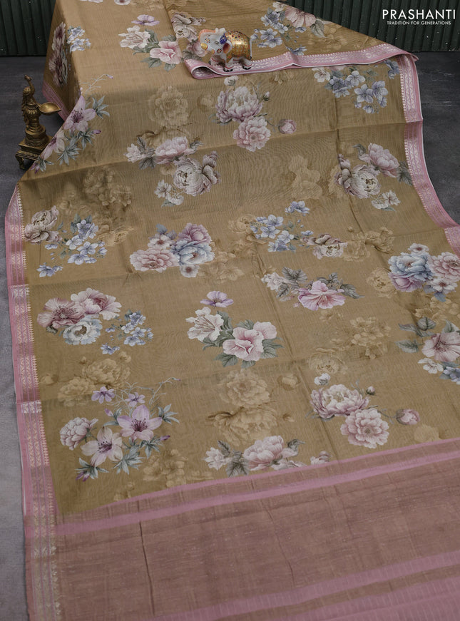 Mul chanderi saree elaichi green and pastel pink with allover floral digital prints and zari woven border