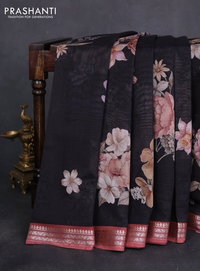 Mul chanderi saree black and pastel maroon with allover floral digital prints and zari woven border