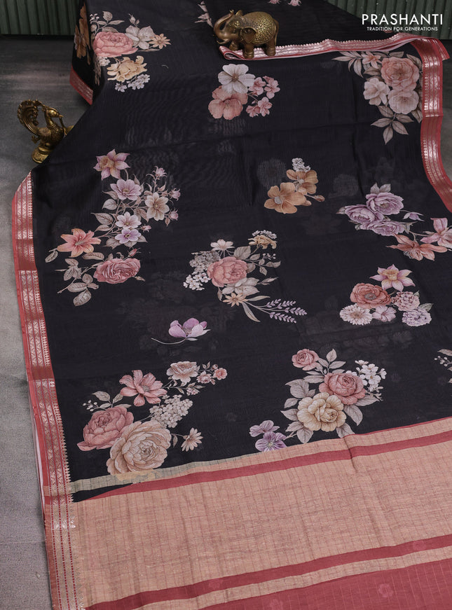 Mul chanderi saree black and pastel maroon with allover floral digital prints and zari woven border