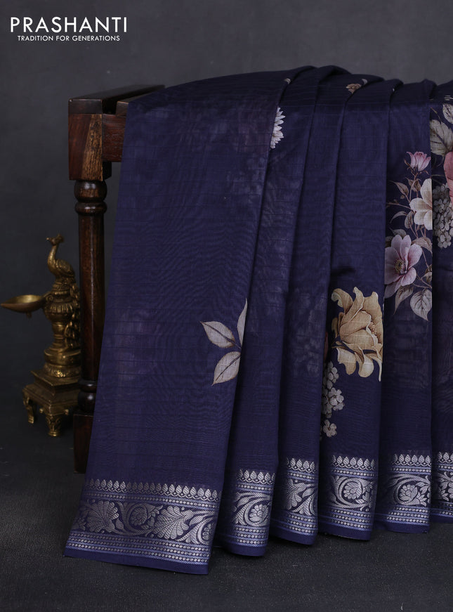 Mul chanderi saree navy blue with allover floral digital prints and zari woven border