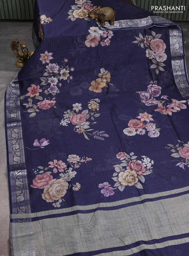 Mul chanderi saree navy blue with allover floral digital prints and zari woven border