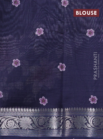Mul chanderi saree navy blue with allover floral digital prints and zari woven border