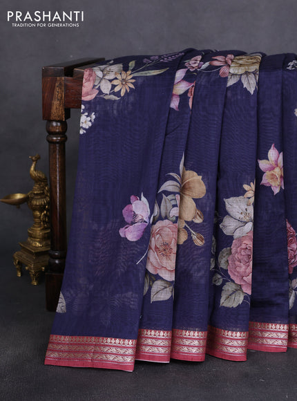 Mul chanderi saree navy blue and maroon with allover floral digital prints and zari woven border