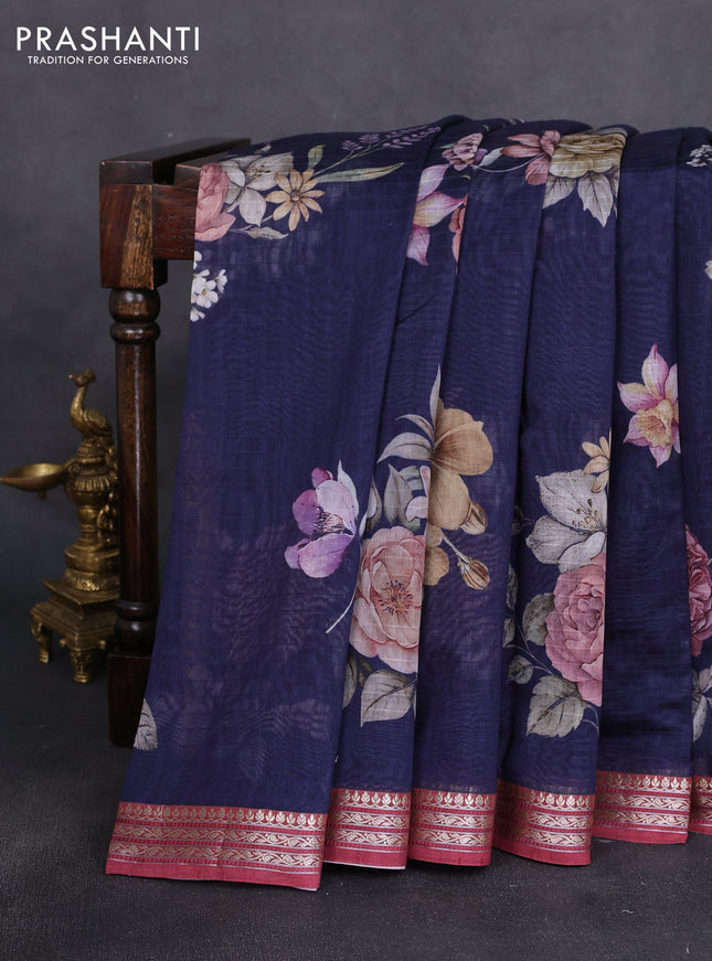 Mul chanderi saree navy blue and maroon with allover floral digital prints and zari woven border