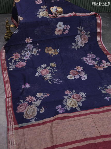 Mul chanderi saree navy blue and maroon with allover floral digital prints and zari woven border