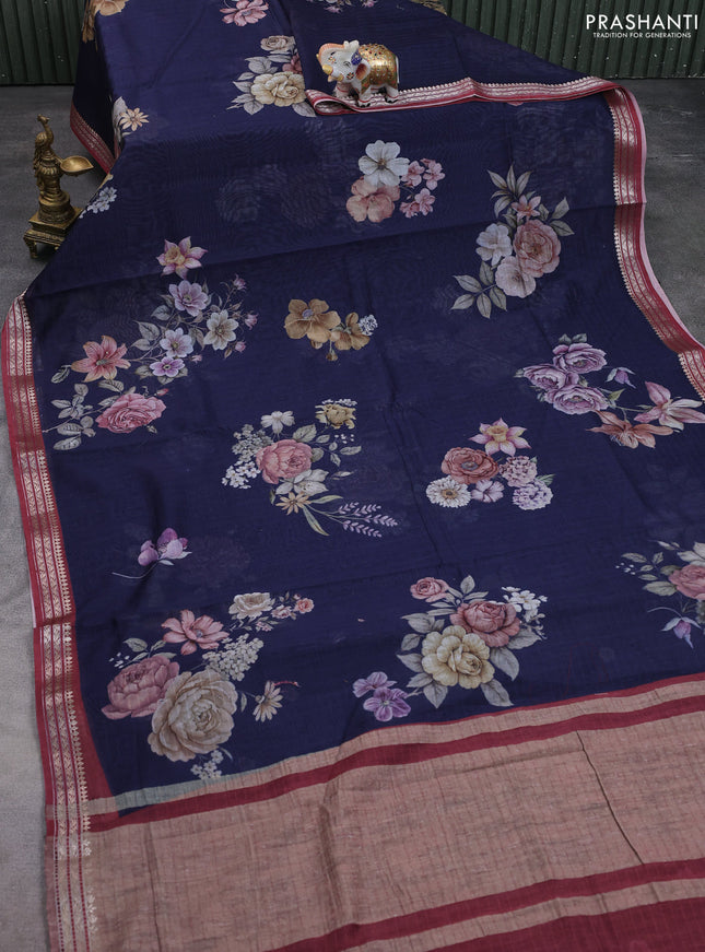 Mul chanderi saree navy blue and maroon with allover floral digital prints and zari woven border