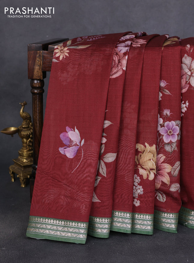 Mul chanderi saree maroon and olive green with allover floral digital prints and zari woven border