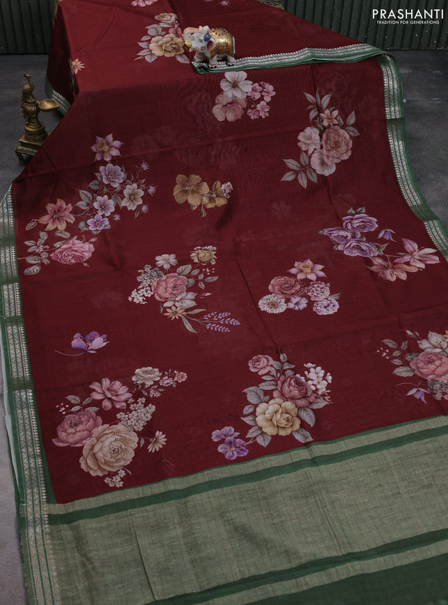 Mul chanderi saree maroon and olive green with allover floral digital prints and zari woven border