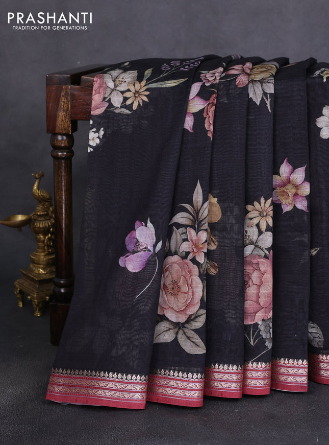 Mul chanderi saree black and maroon with allover floral digital prints and zari woven border