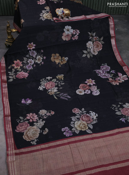 Mul chanderi saree black and maroon with allover floral digital prints and zari woven border