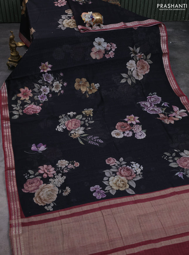 Mul chanderi saree black and maroon with allover floral digital prints and zari woven border