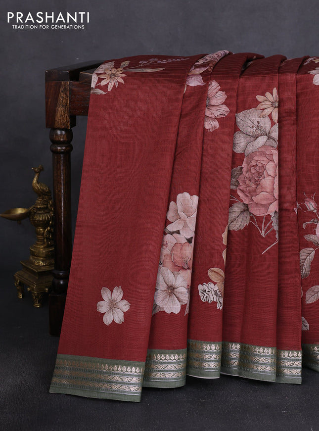 Mul chanderi saree maroon and olive green with allover floral digital prints and zari woven border
