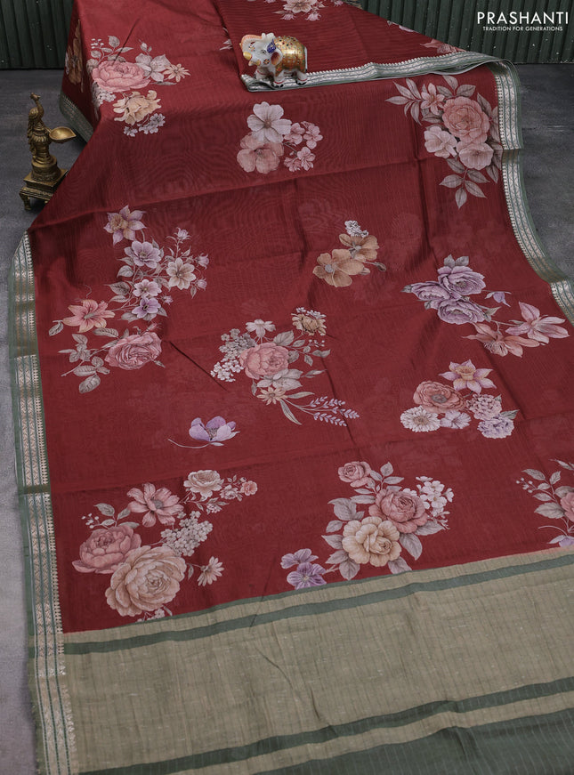 Mul chanderi saree maroon and olive green with allover floral digital prints and zari woven border