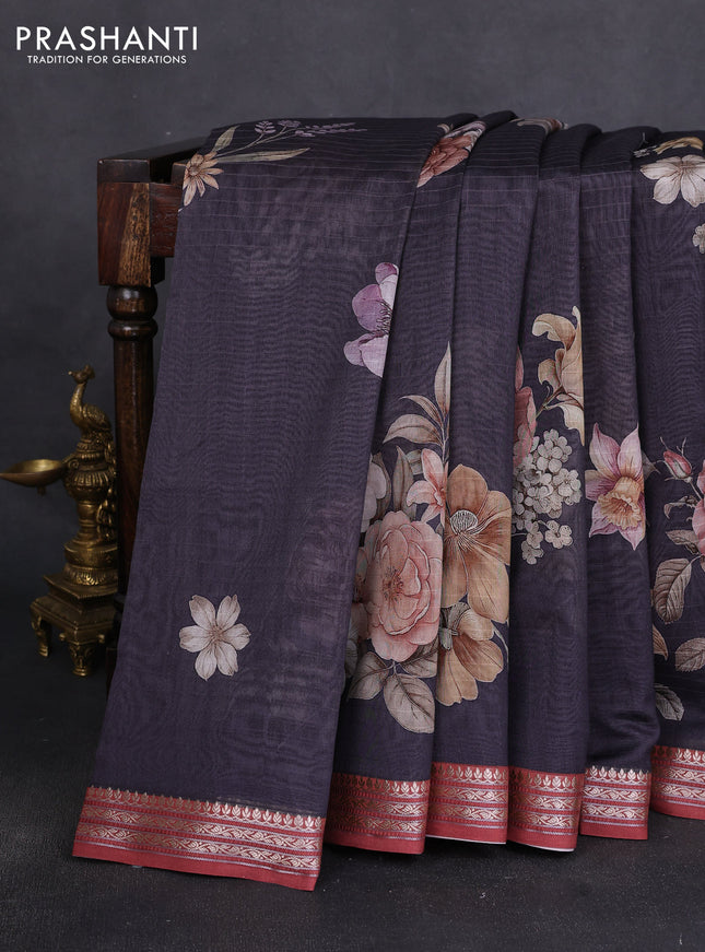 Mul chanderi saree elephant grey and maroon with allover floral digital prints and zari woven border