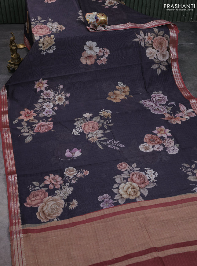 Mul chanderi saree elephant grey and maroon with allover floral digital prints and zari woven border