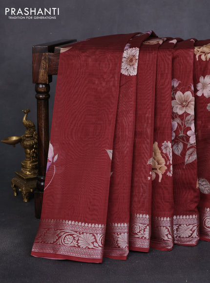 Mul chanderi saree maroon with allover floral digital prints and zari woven border