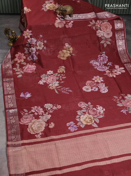 Mul chanderi saree maroon with allover floral digital prints and zari woven border