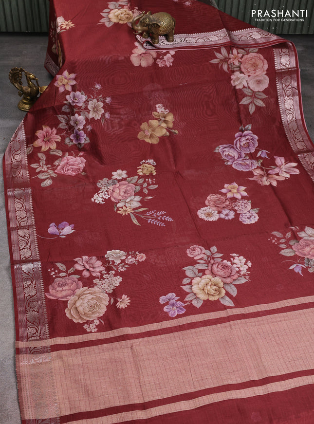 Mul chanderi saree maroon with allover floral digital prints and zari woven border