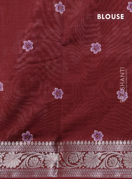 Mul chanderi saree maroon with allover floral digital prints and zari woven border