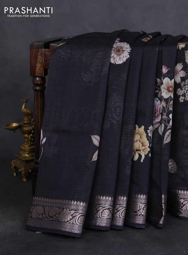 Mul chanderi saree black with allover floral digital prints and zari woven border