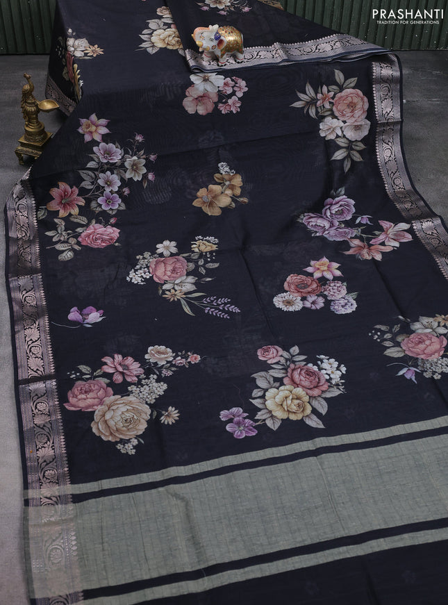 Mul chanderi saree black with allover floral digital prints and zari woven border
