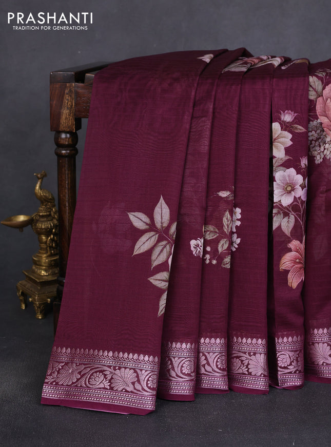 Mul chanderi saree wine shade with allover floral digital prints and zari woven border