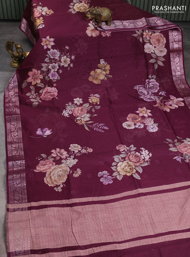 Mul chanderi saree wine shade with allover floral digital prints and zari woven border
