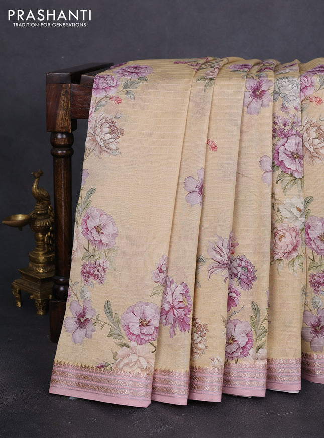 Mul chanderi saree pale yellow and pastel pink with allover floral digital prints and zari woven border