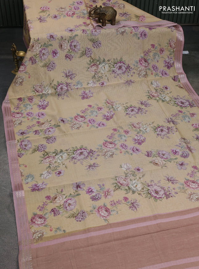Mul chanderi saree pale yellow and pastel pink with allover floral digital prints and zari woven border
