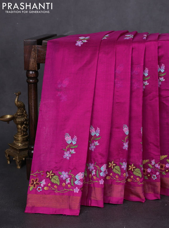Silk cotton saree pink with floral embriodery and zari woven border