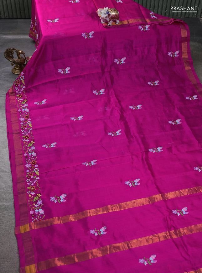 Silk cotton saree pink with floral embriodery and zari woven border