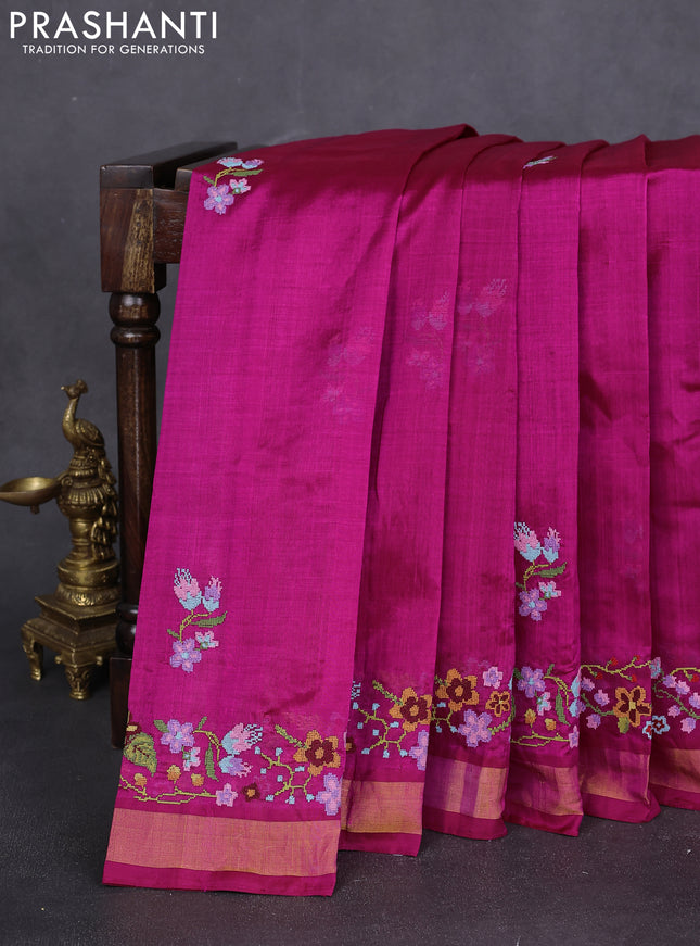 Silk cotton saree magenta pink with floral embriodery and zari woven border