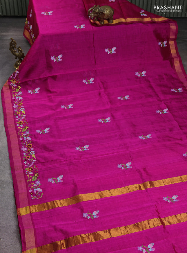 Silk cotton saree magenta pink with floral embriodery and zari woven border