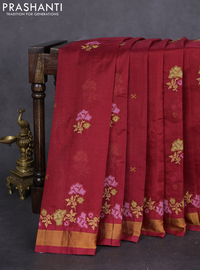 Silk cotton saree kumkum red with floral embriodery and zari woven border