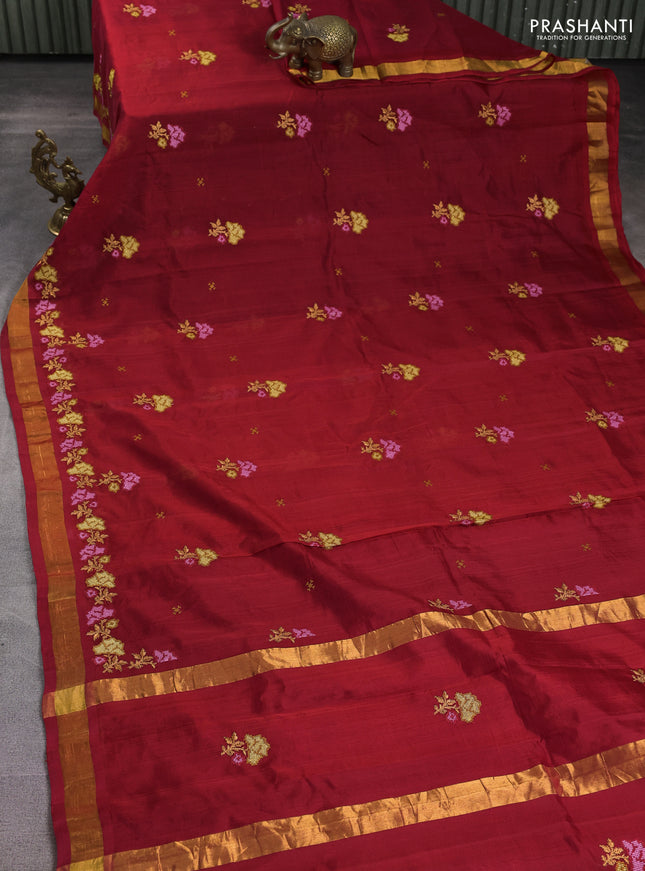 Silk cotton saree kumkum red with floral embriodery and zari woven border