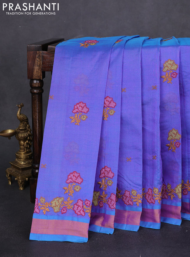 Silk cotton saree dual shade of bluish violet with floral embriodery and zari woven border