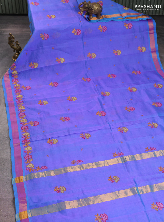 Silk cotton saree dual shade of bluish violet with floral embriodery and zari woven border