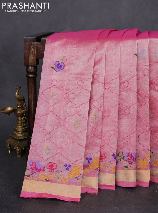 Silk cotton saree light pink with allover embroidery and zari woven border