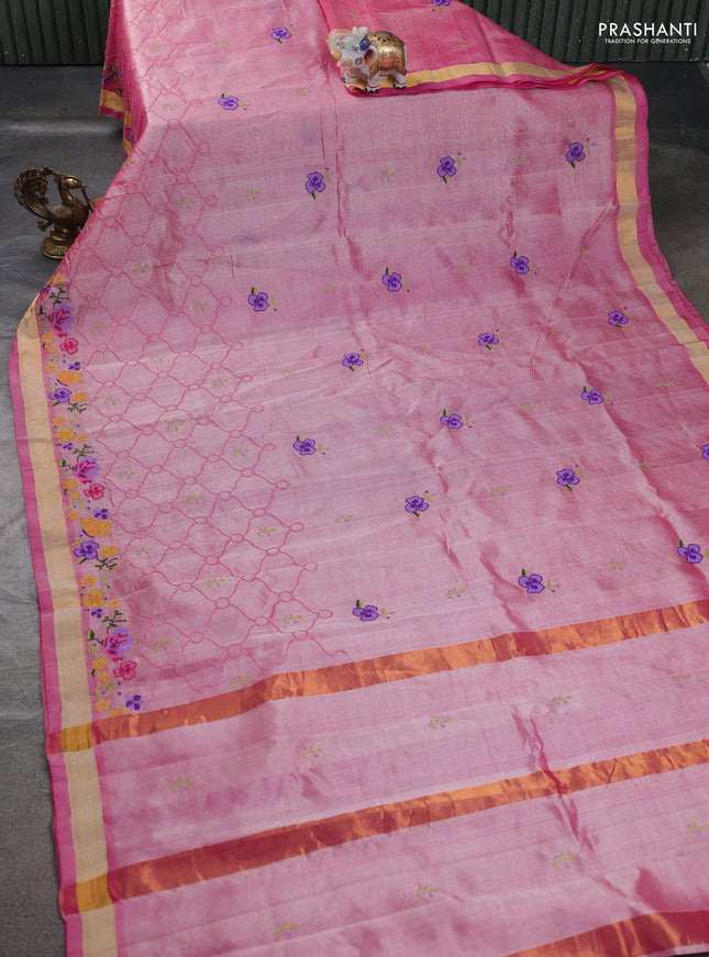 Silk cotton saree light pink with allover embroidery and zari woven border