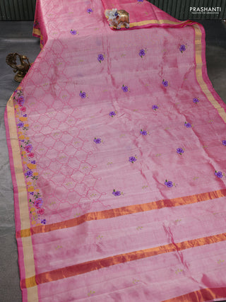Silk cotton saree light pink with allover embroidery and zari woven border