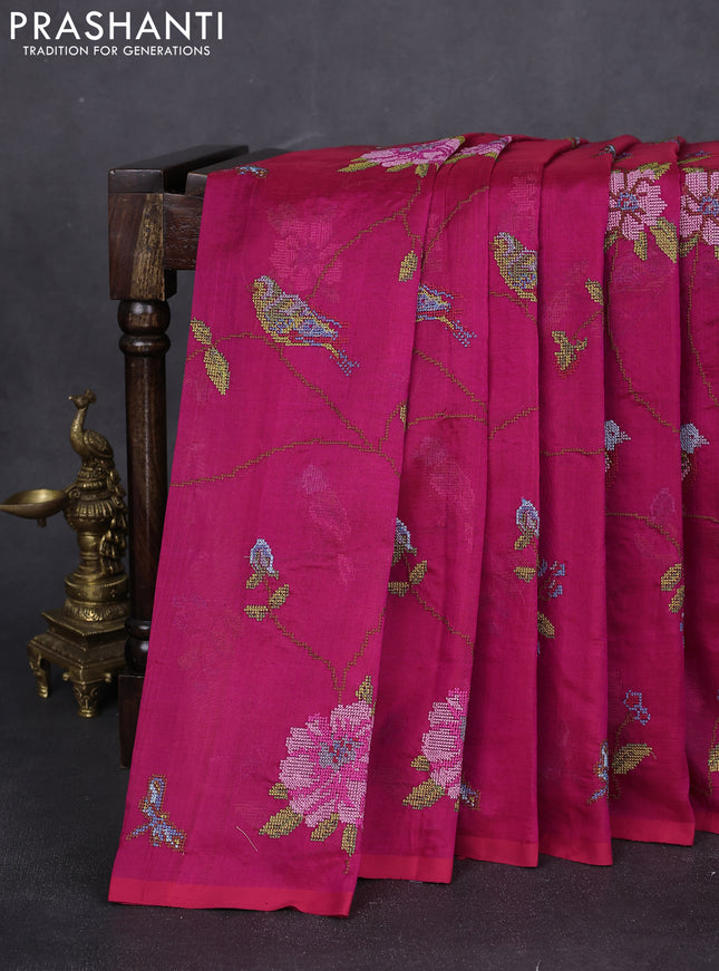 Silk cotton saree pink with allover embroidery in borderless style
