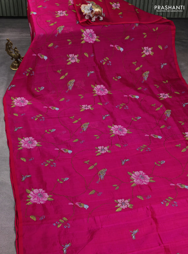 Silk cotton saree pink with allover embroidery in borderless style