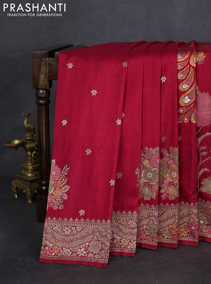 Semi raw silk saree red and allover jamdhani weaves and zari woven border