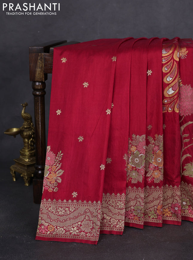 Semi raw silk saree red and allover jamdhani weaves and zari woven border