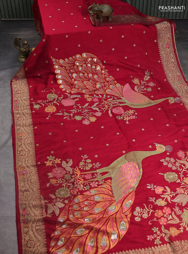 Semi raw silk saree red and allover jamdhani weaves and zari woven border
