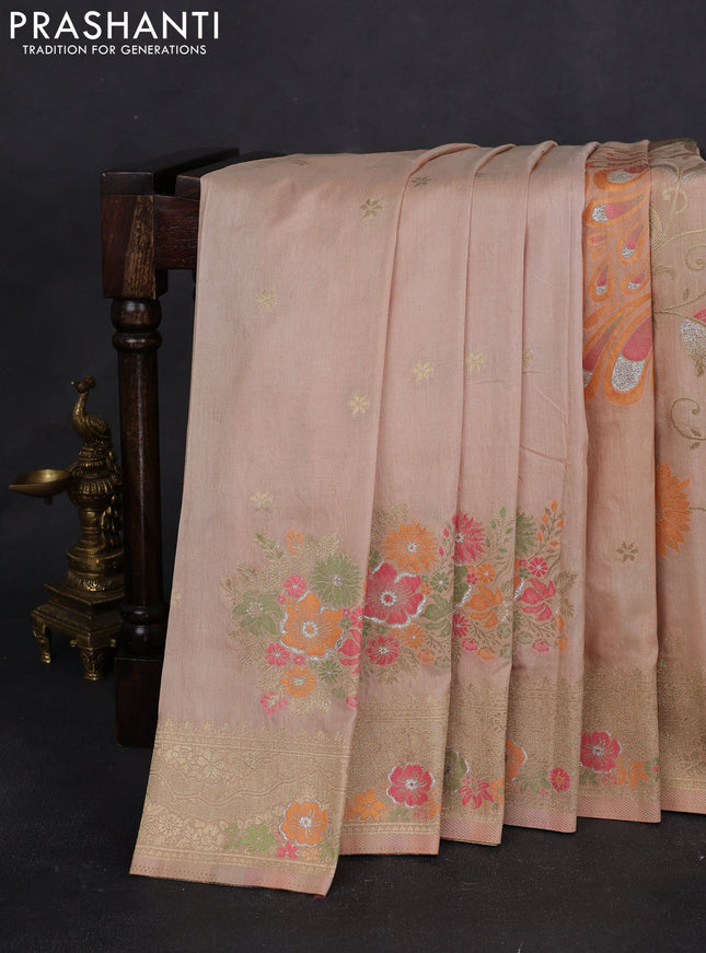 Semi raw silk saree beige and allover jamdhani weaves and zari woven border