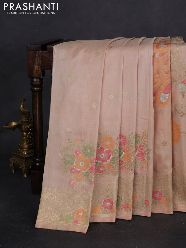 Semi raw silk saree beige and allover jamdhani weaves and zari woven border